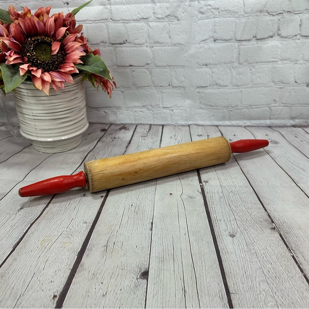 vtg wooden rolling pin red handles cottagecore decor traditional cottage country